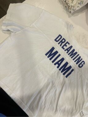 Zara White 'Dreaming Miami' Graphic Tee - Blue Lettering